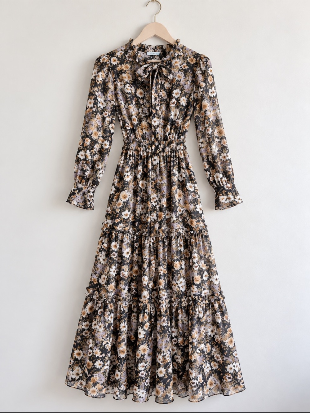 ANTONIO MELANI Black Floral Tie-Neck Long Sleeve Maxi Dress